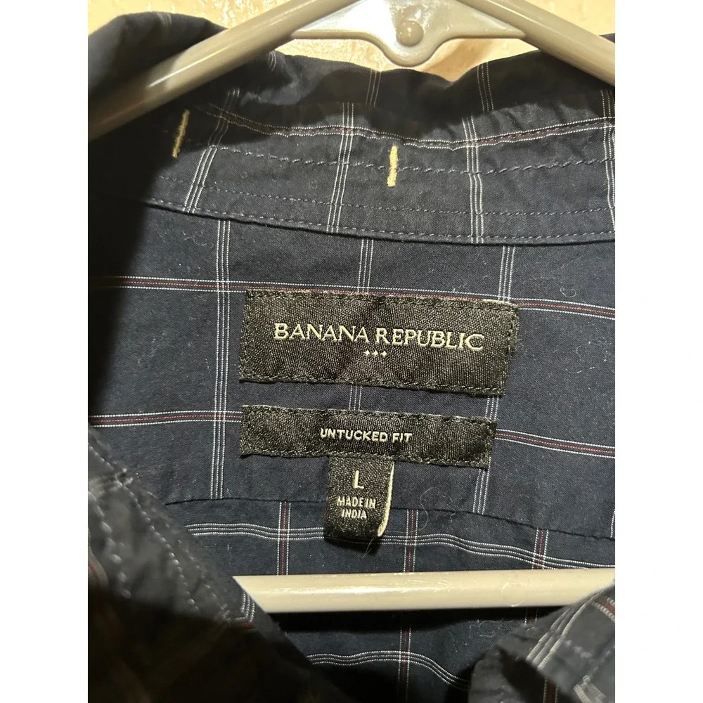 Banana Republic‎ Mens Untucked Fit Navy Blue Grid Check Cotton Shirt Large L